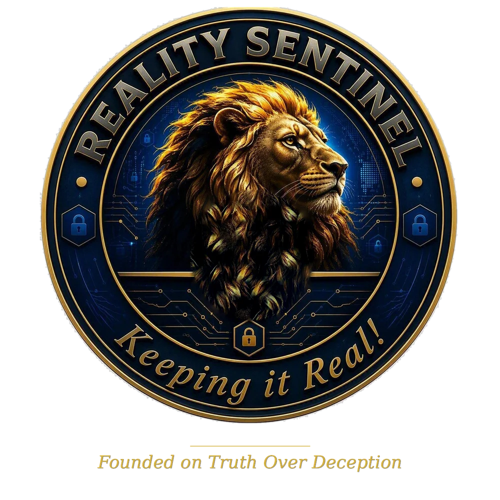 Reality Sentinel seal: a golden lion inside a circular badge reading Reality Sentinel, Keeping it Real, with the line Founded on Truth Over Deception below.